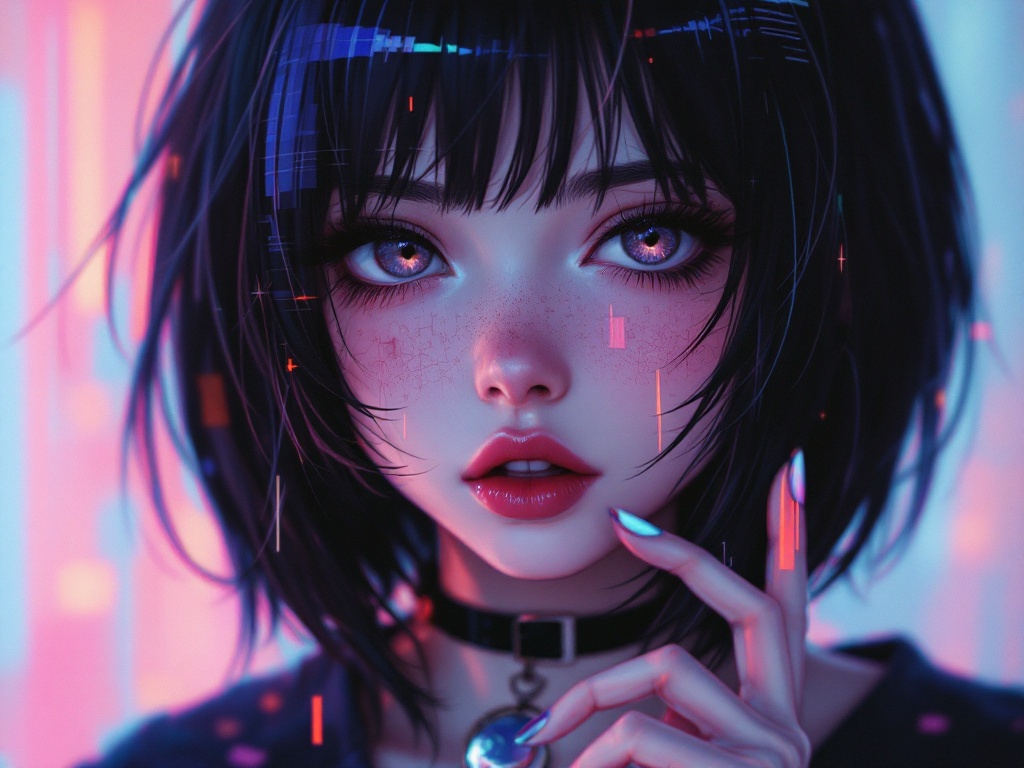 glitched attractive anime emo girl