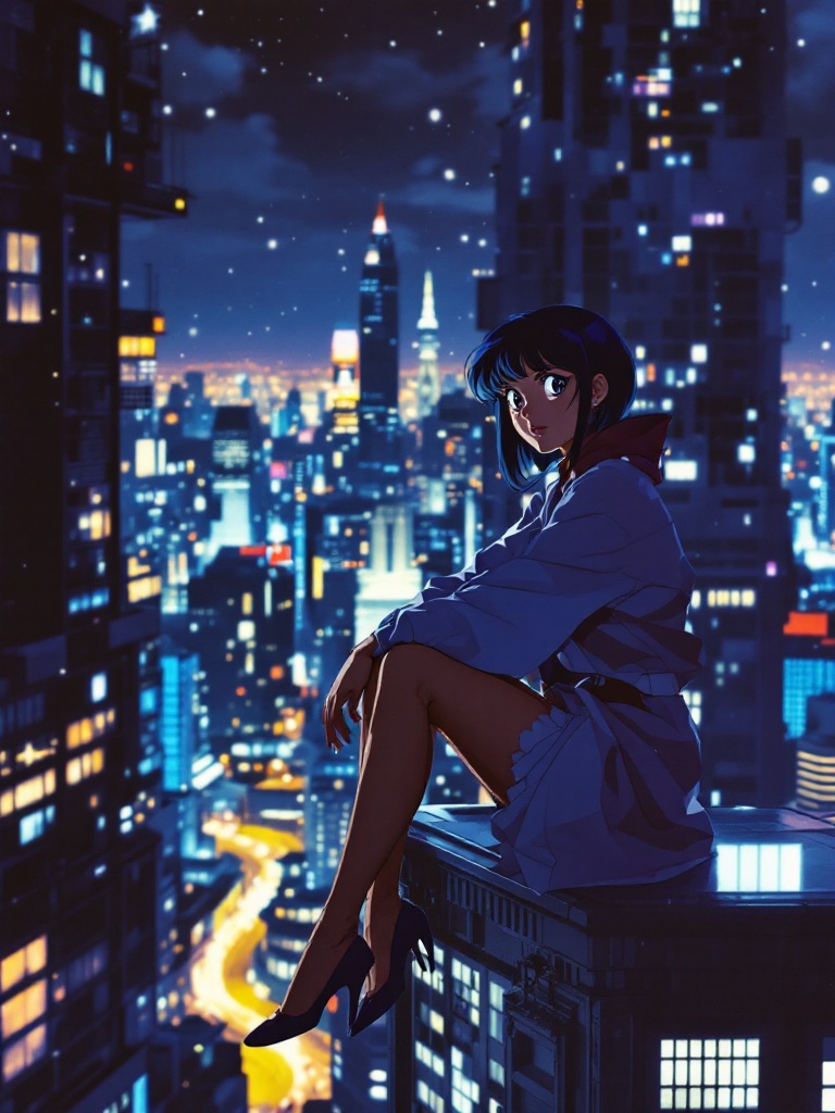 stunning 90's anime vintage anime screenshot woman sitting on skyscraper night s...