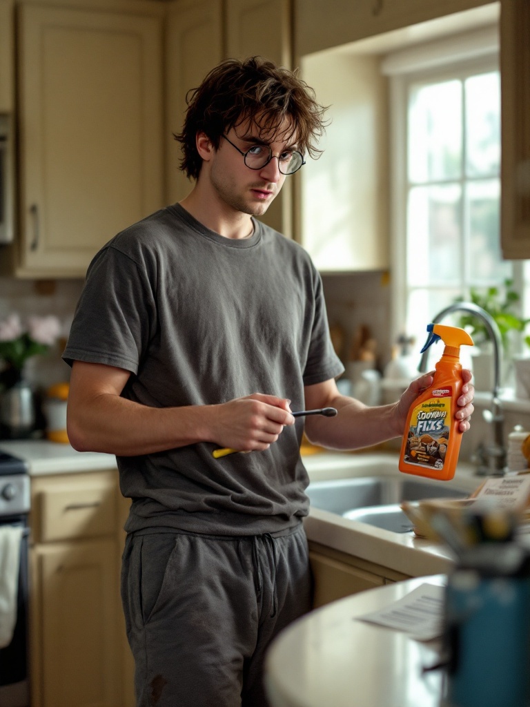 Harry Potter in his mid-30s standing in the kitchen of his s...