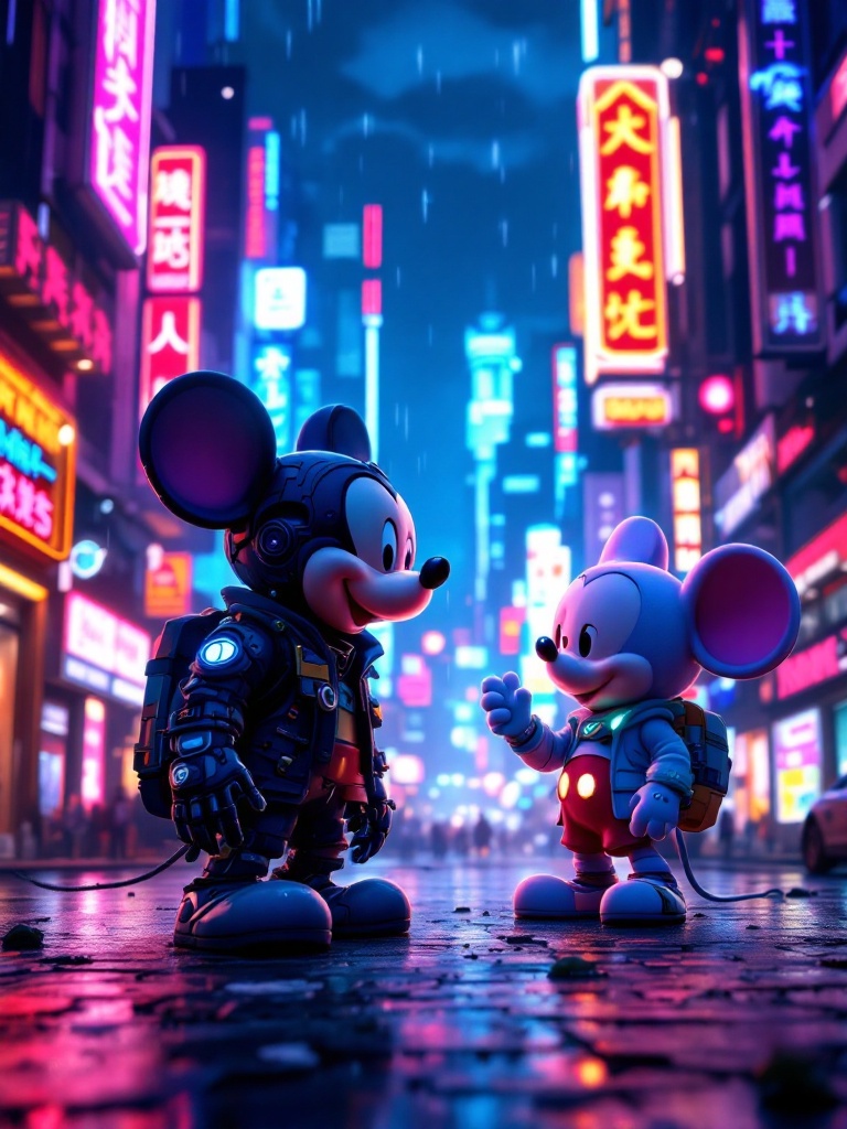 Karakter putri bergaya animasi Disney di kota cyberpunk penu...