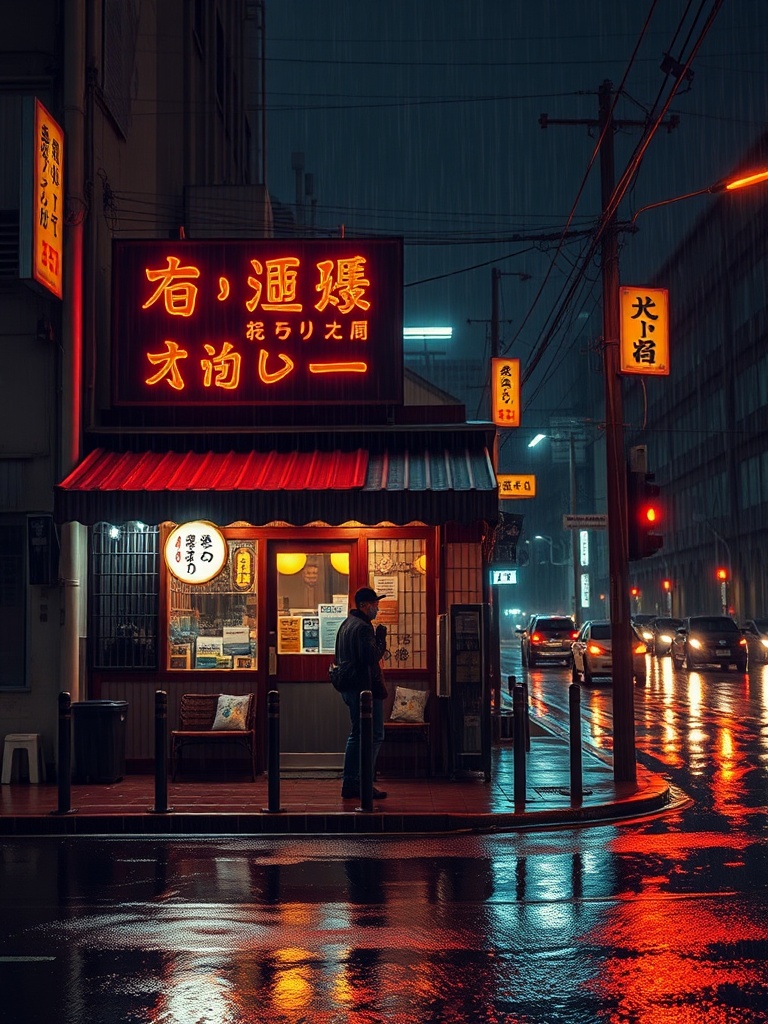 a cozy ramen shop in the rain at night, neon signs reflecting on wet pavement, cinematic lighting, u...