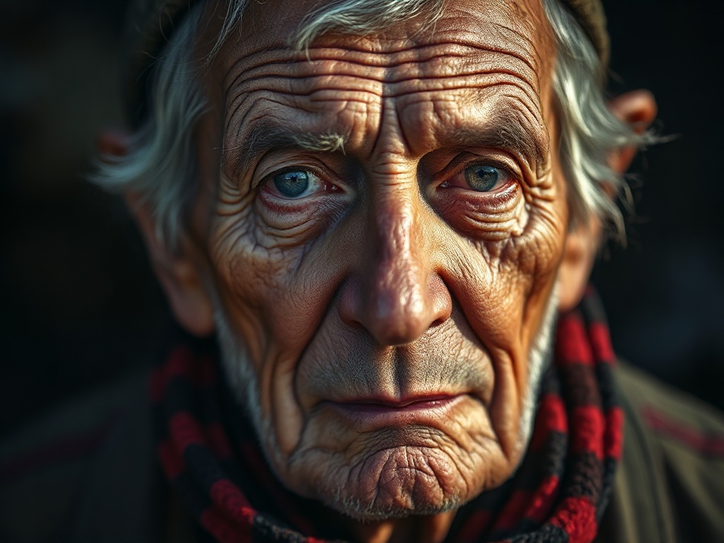 portrait of an old fisherman with deep wrinkles, dramatic rembrandt lighting, 85mm photograph