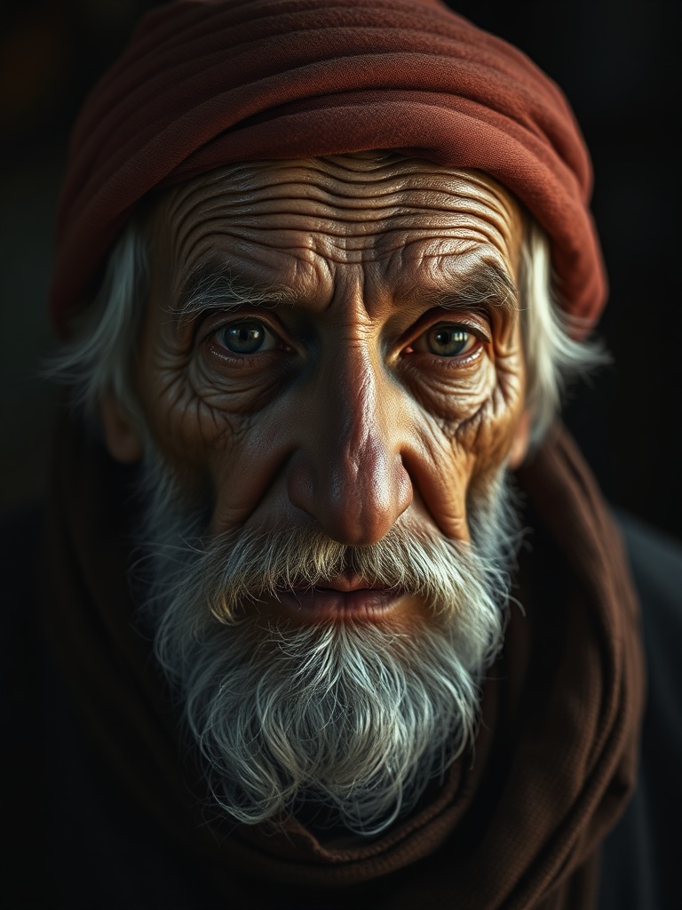 portrait of an old fisherman with deep wrinkles, dramatic rembrandt lighting, 85mm photograph