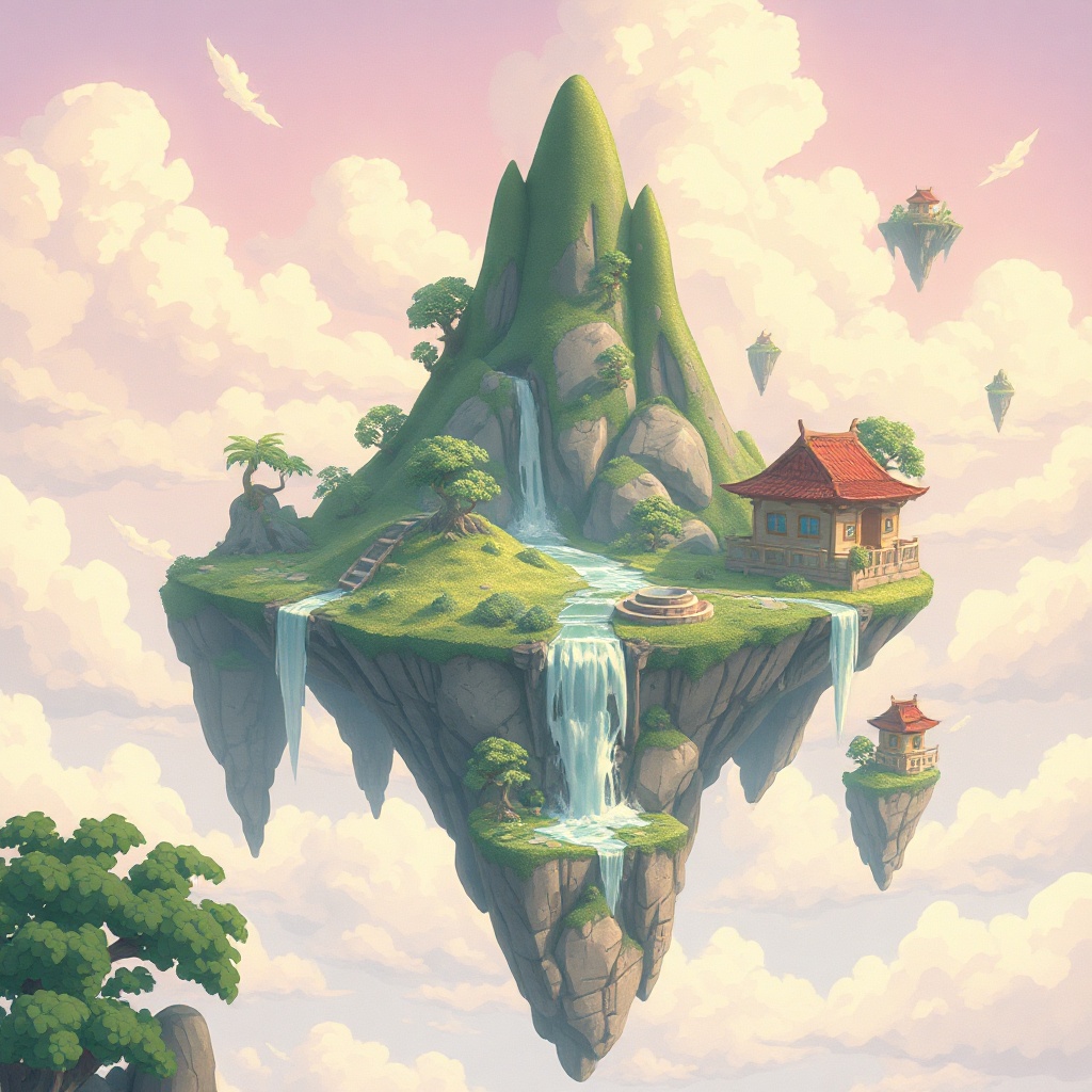 floating islands with waterfalls in a pastel sky, studio ghibli style, dreamy atmosphere