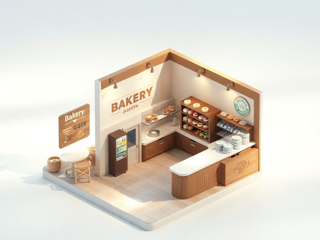 isometric tiny bakery shop, cute miniature diorama, soft shadows, blender 3d render