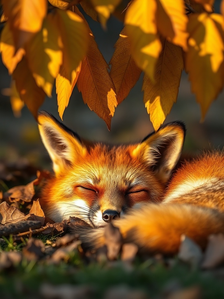 a red fox sleeping under autumn leaves, macro photography, shallow depth of field, golden hour