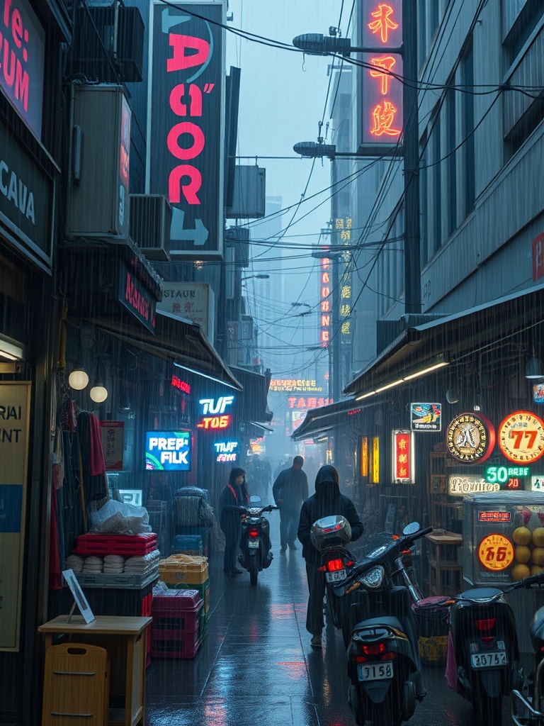cyberpunk street market in jakarta 2077, rain, holographic signs, blade runner atmosphere