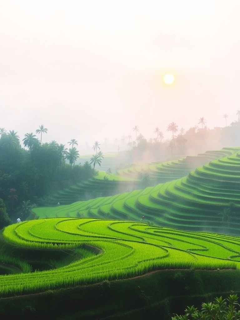 watercolor painting of terraced rice fields in ubud at sunrise, misty, soft greens
