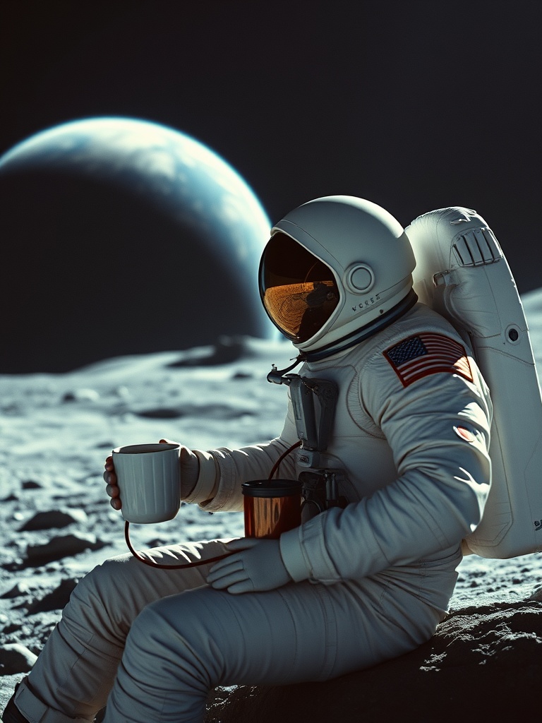 astronaut having coffee on the moon, earth in the background, editorial photography, kodak portra