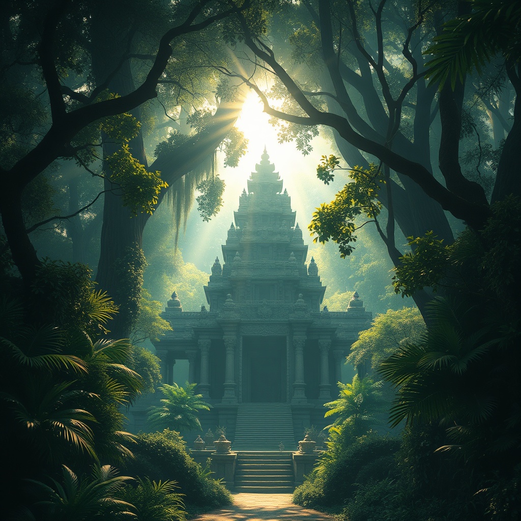 ancient temple overgrown with jungle, god rays through canopy, matte painting, epic scale