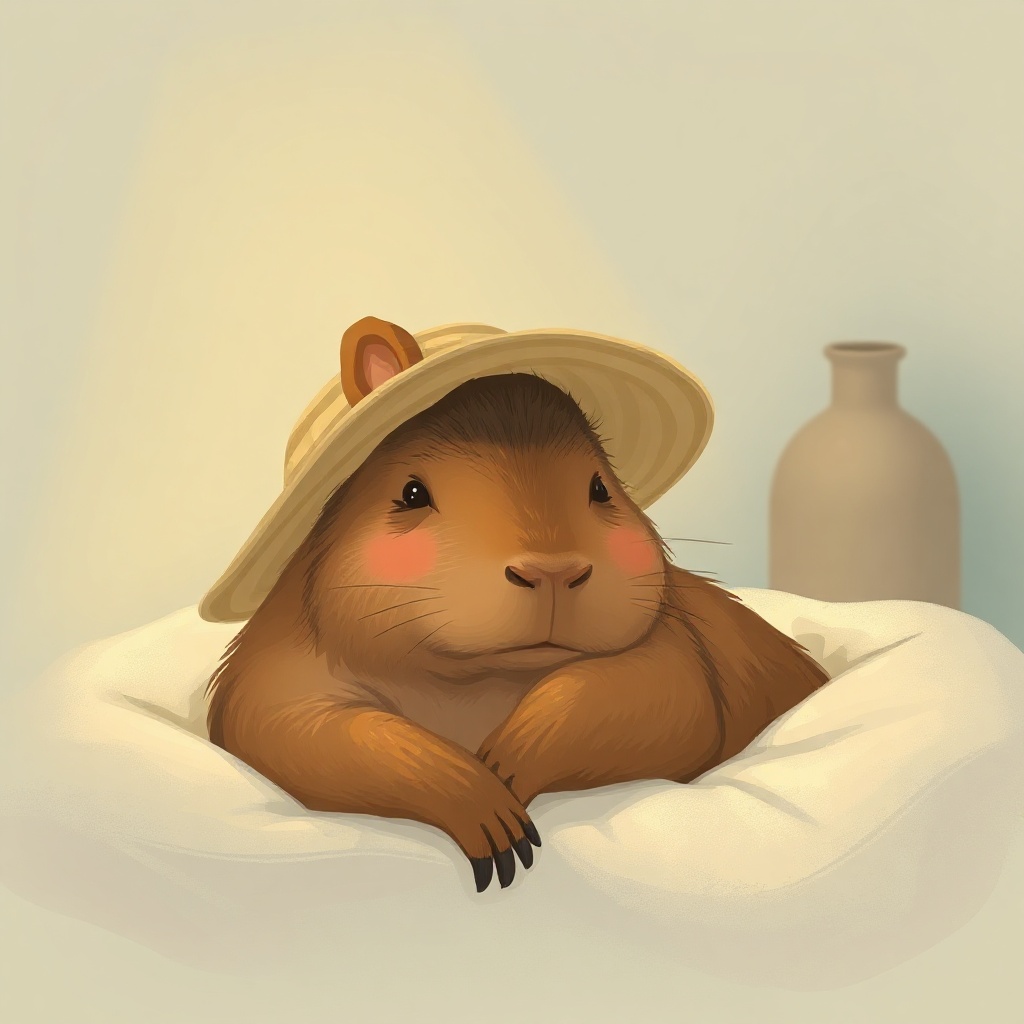 a capybara wearing a tiny straw hat relaxing in an onsen, cozy, warm light, illustration