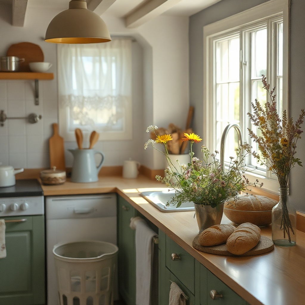 cottagecore kitchen with fresh bread and wildflowers, morning light through lace curtains