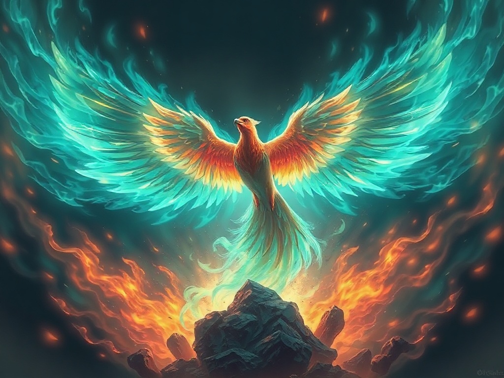 phoenix rising from teal flames, dynamic composition, concept art, artstation trending