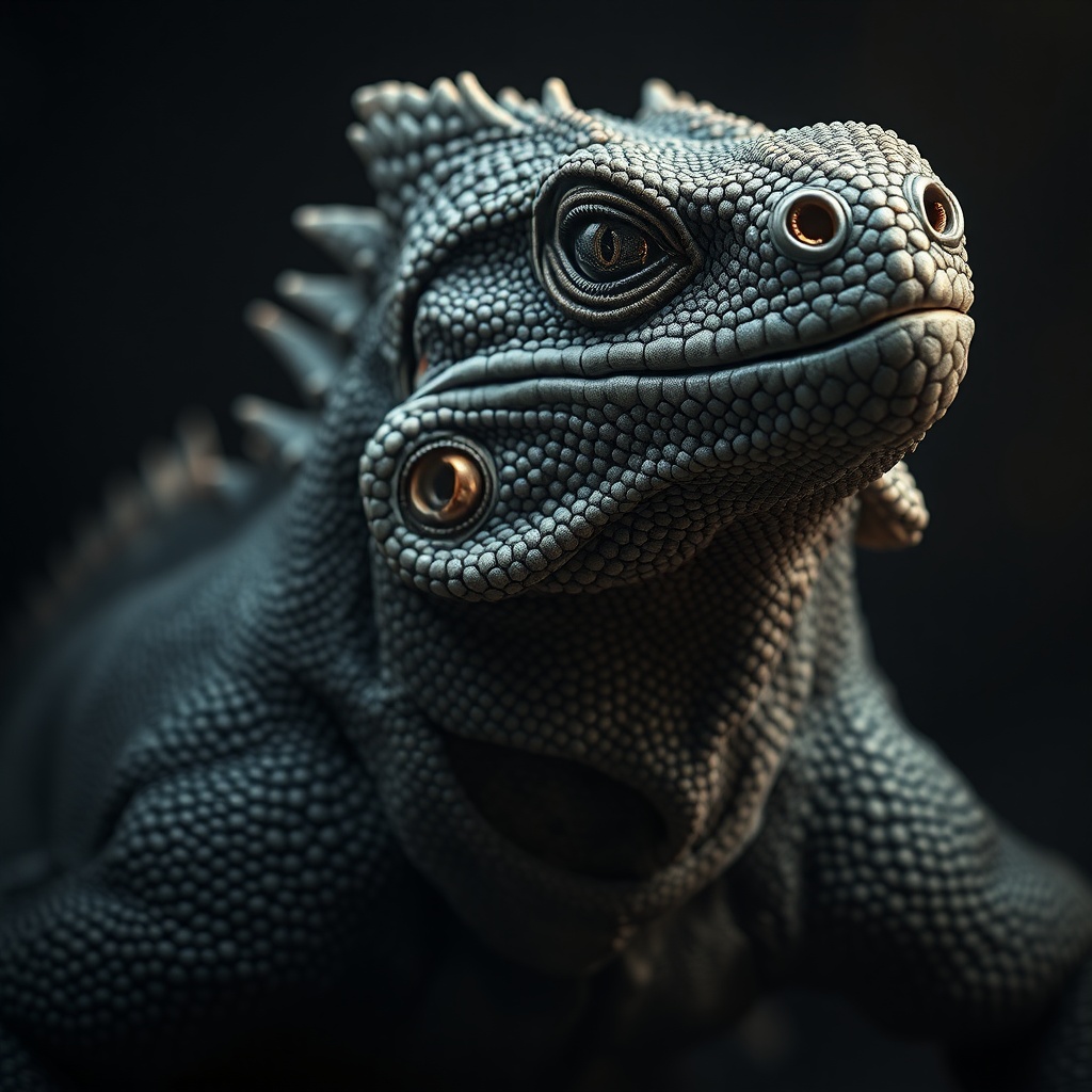 komodo dragon portrait, scales detailed like ancient armor, dark moody background
