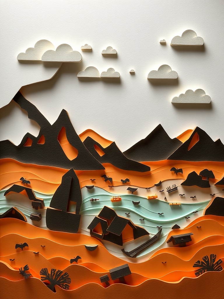 paper cutout art of indonesian archipelago, layered depth, handcrafted look, soft shadows