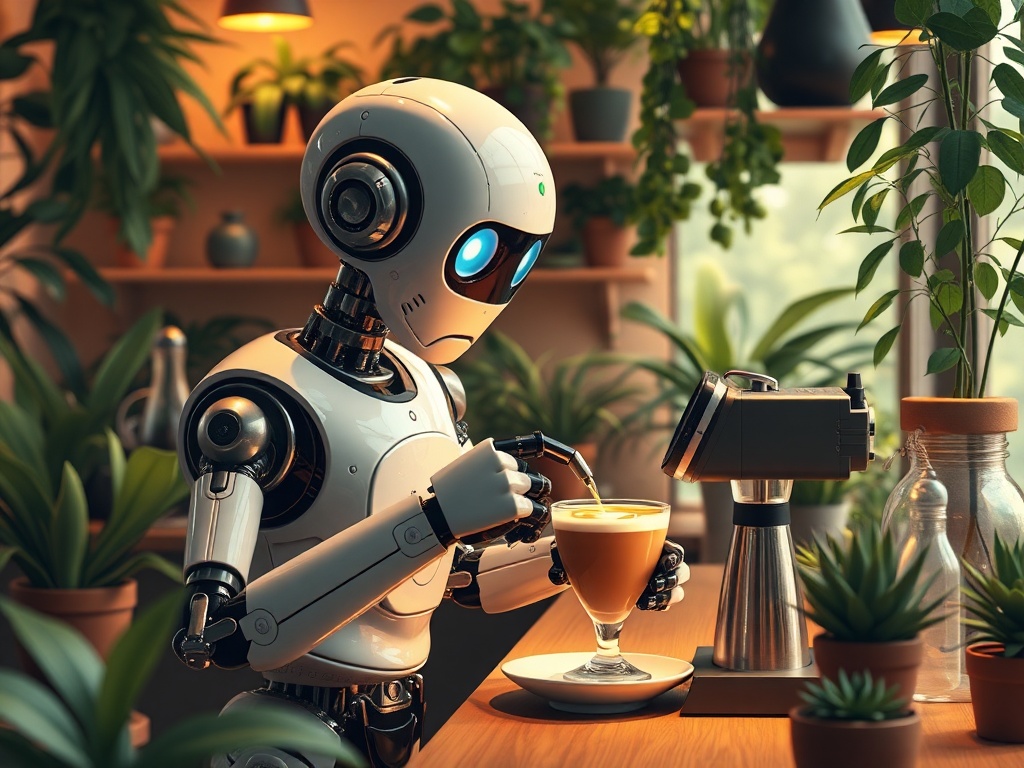 robot barista pouring latte art in a plant-filled cafe, warm and friendly, pixar style