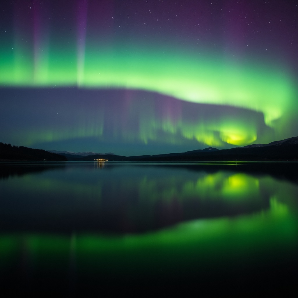 aurora borealis over a mirror-still lake, long exposure photography, vivid greens and purples