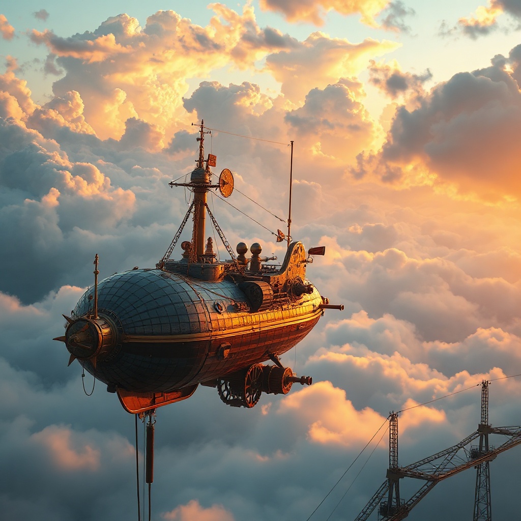 steampunk airship docking at a cloud city, brass and copper details, golden hour, epic