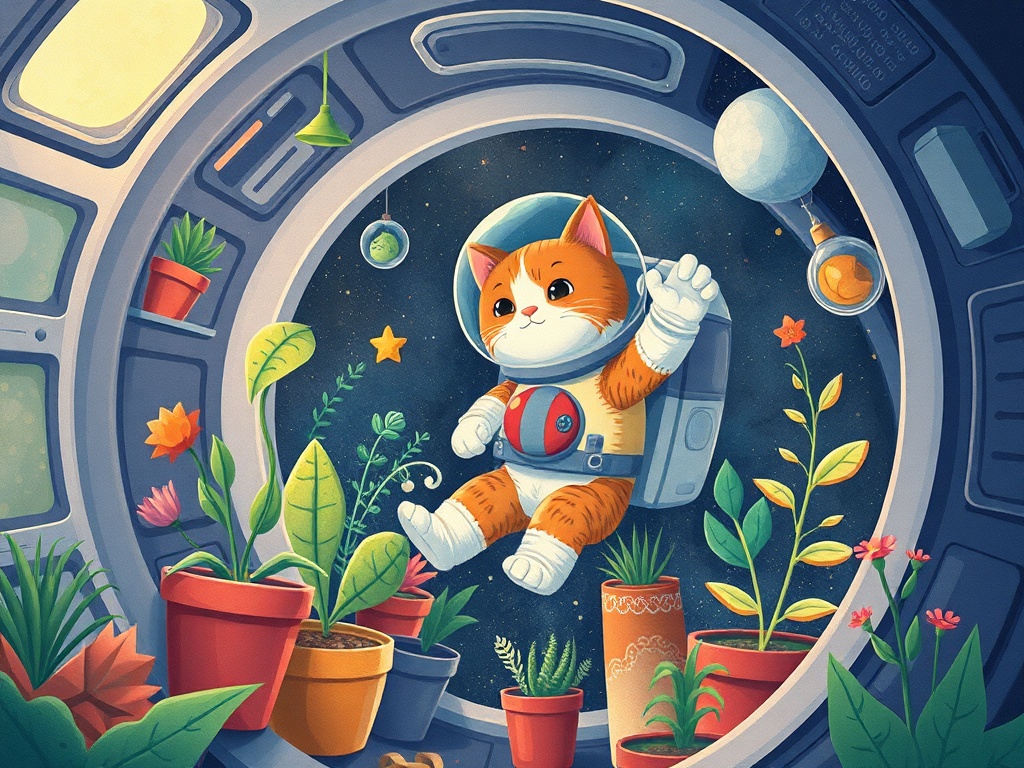 a cat astronaut floating inside a space station full of plants, whimsical children book illustration