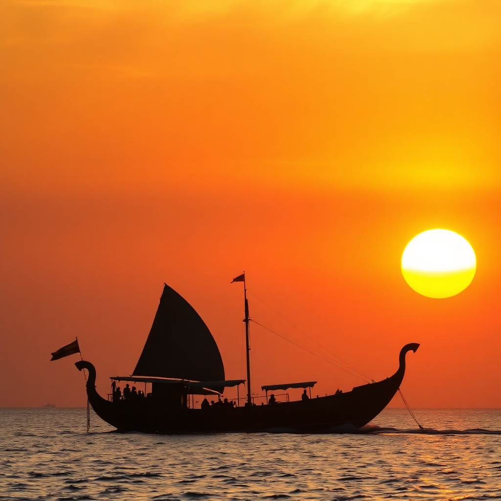 traditional phinisi ship sailing at sunset, silhouette, dramatic orange sky, fine art photography