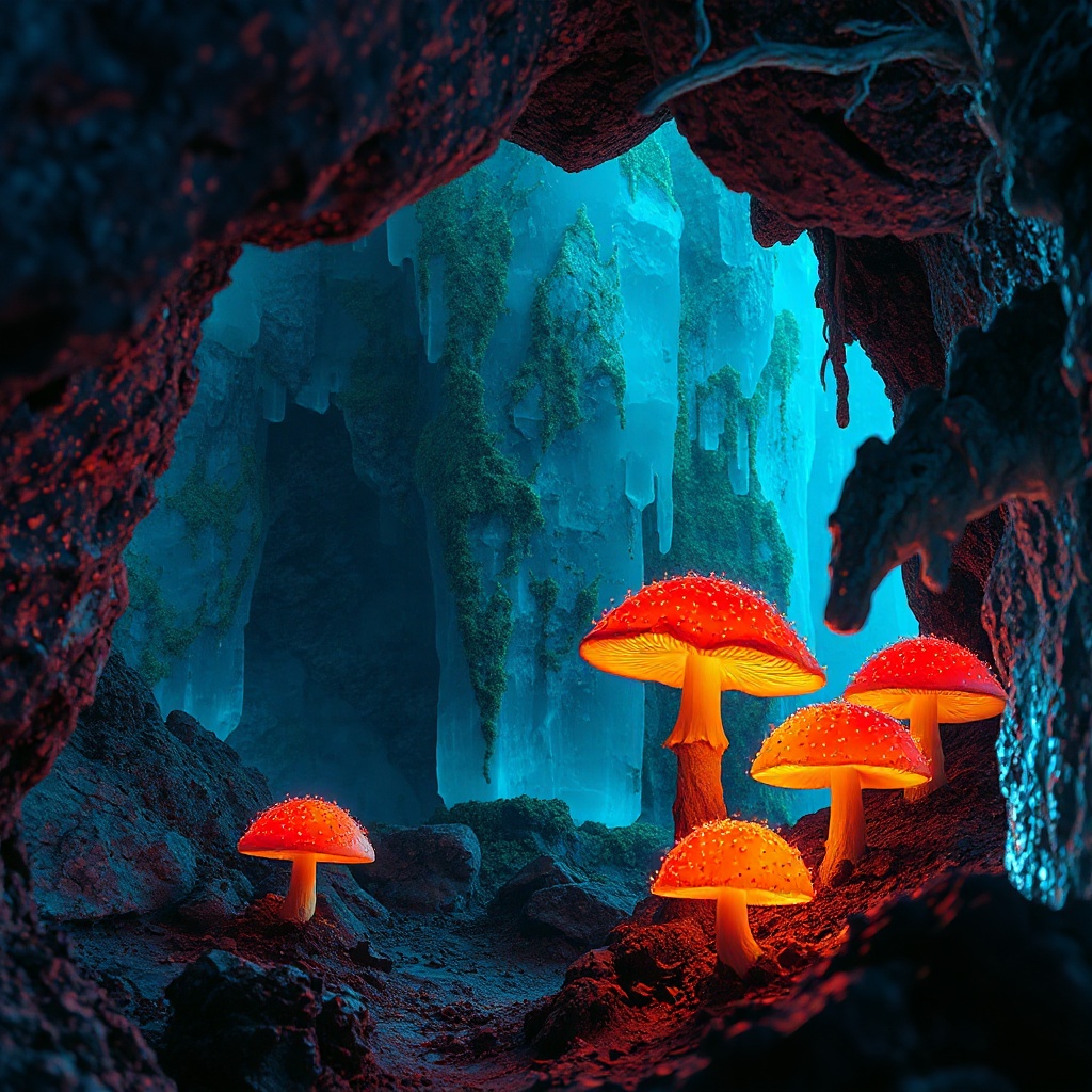 crystal cave with bioluminescent mushrooms, fantasy environment concept, volumetric light