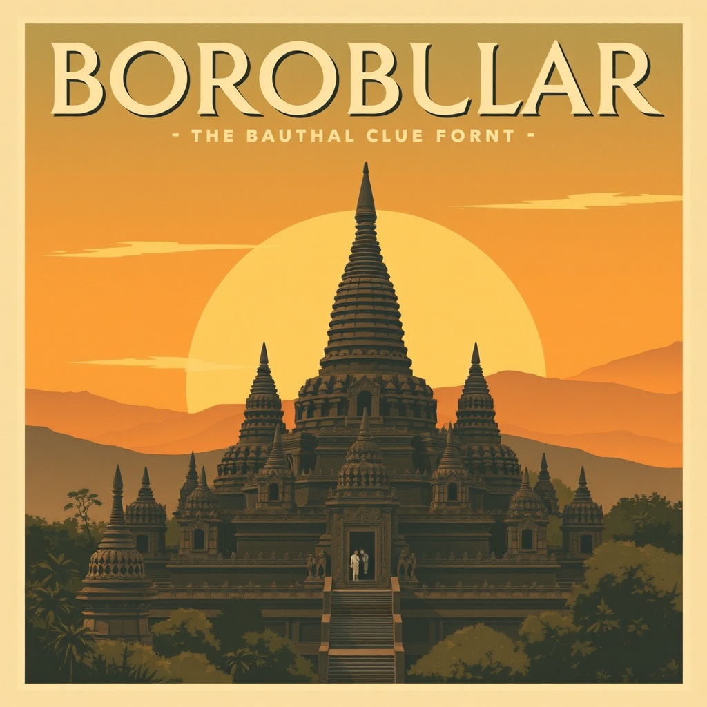vintage travel poster of borobudur temple, art deco style, warm earth tones