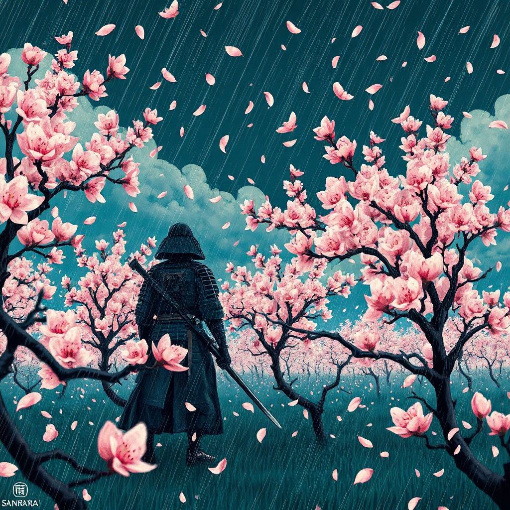 a samurai standing in a field of cherry blossoms during a storm, petals flying, ukiyo-e modern fusio...