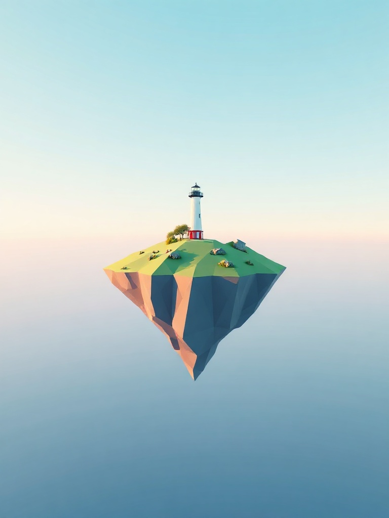 low poly island floating in the sky with a single lighthouse, soft gradient background, 3d art