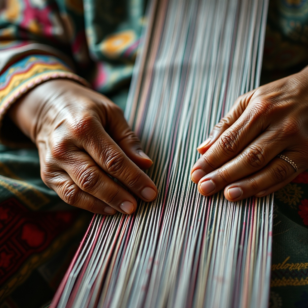 grandmother hands weaving songket fabric, close up, rich colors, documentary photography