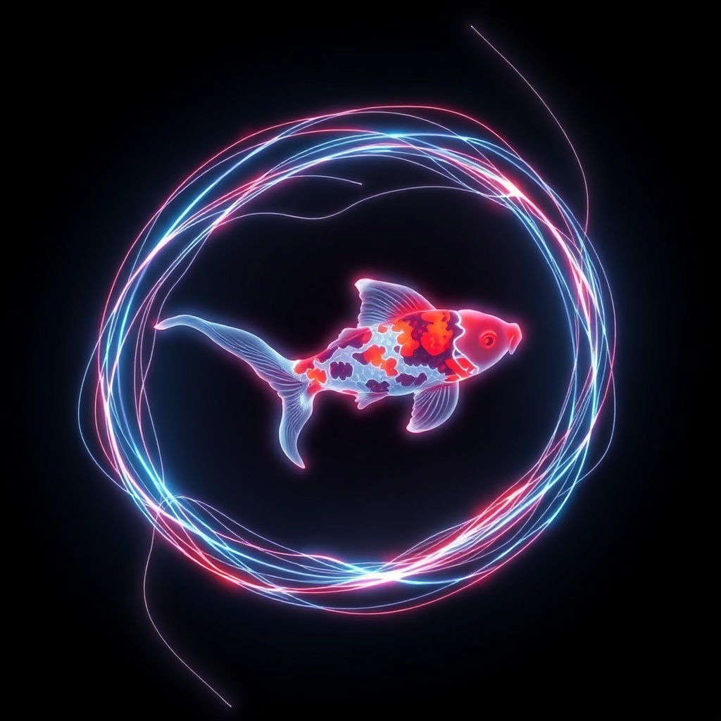 neon koi fish swimming through a dark void leaving light trails, digital art, long exposure feel