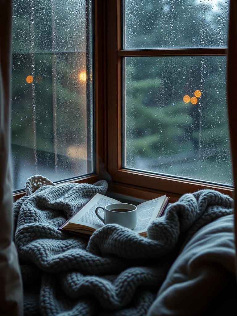 cozy reading nook by a rainy window, warm blanket, steaming tea, soft ambient light, lofi aesthetic