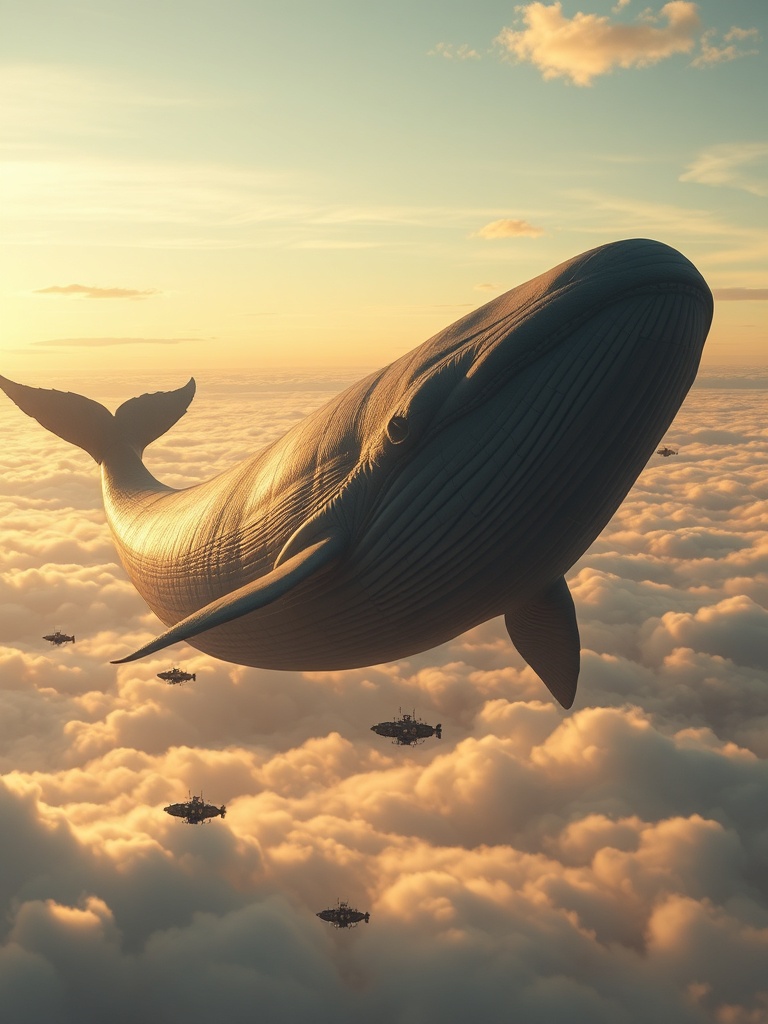 colossal whale flying above clouds at sunrise, tiny airships beside it, fantasy epic scale