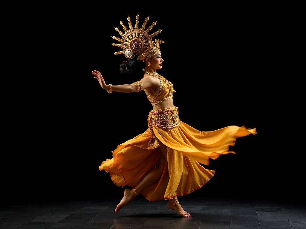 balinese dancer mid-motion, golden costume details, black background, studio strobe photography
