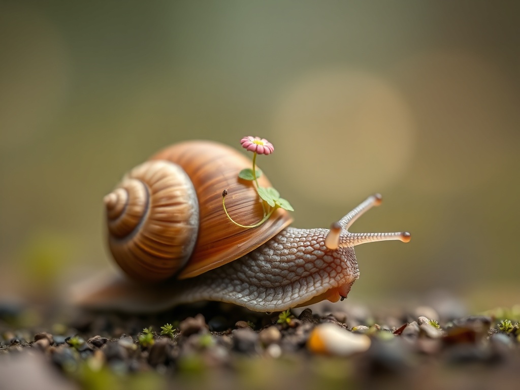 a tiny snail with a garden growing on its shell, macro fantasy, dreamy bokeh