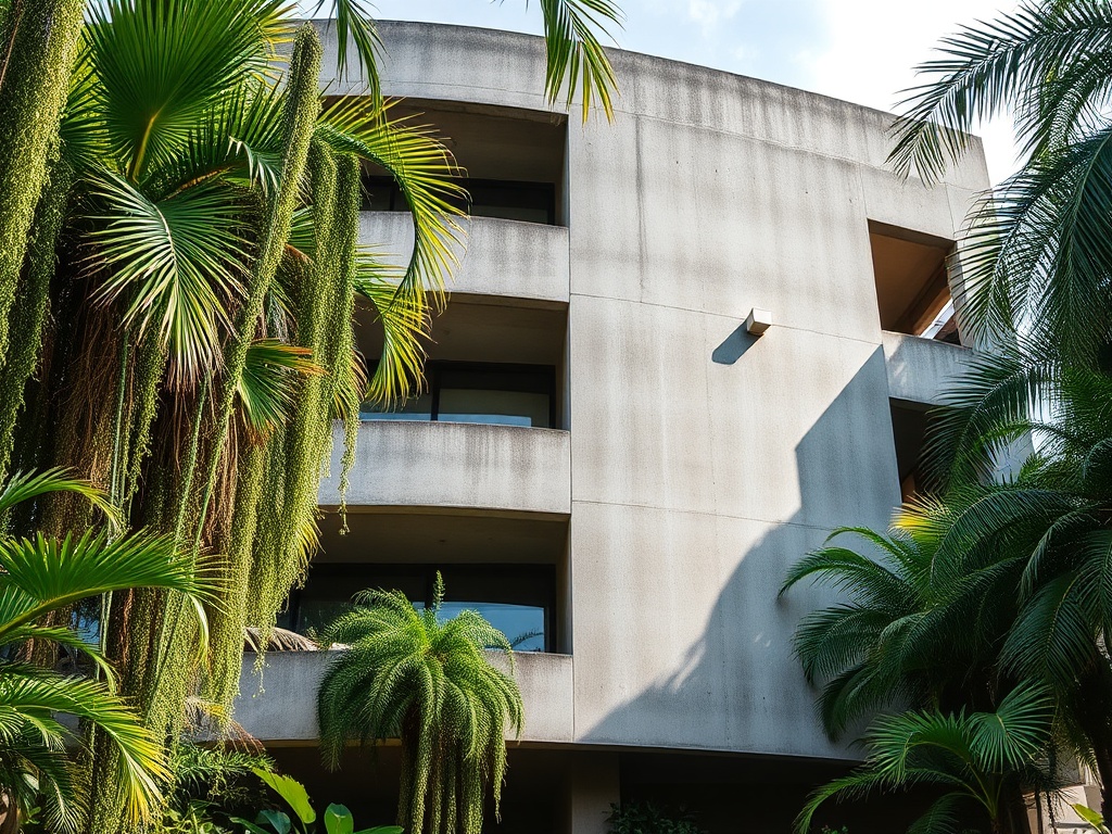 brutalist concrete building softened by cascading tropical plants, architectural photography