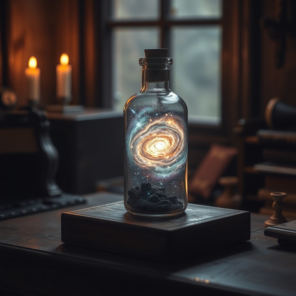 galaxy inside a glass bottle on an old wooden desk, candle light, magical realism