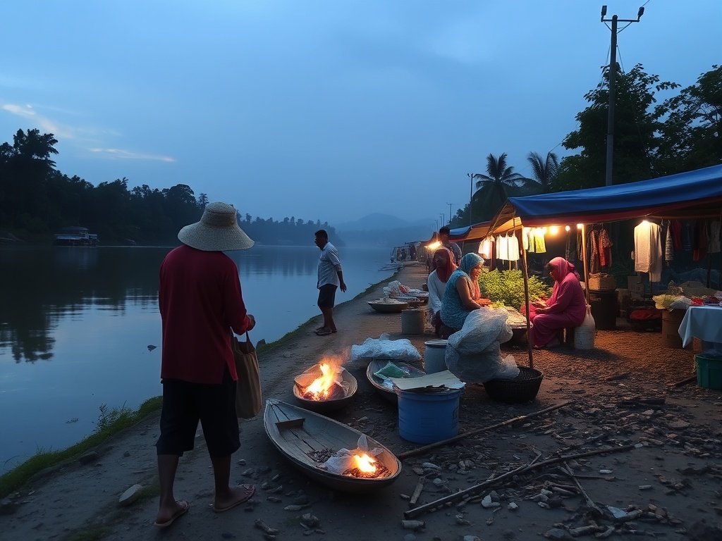 pasar terapung di sungai kalimantan saat pagi berkabut, warna hangat, fotografi dokumenter