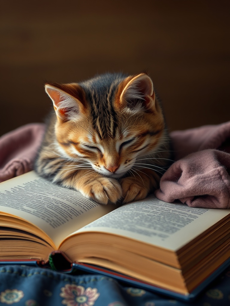 kucing oren tidur di atas tumpukan buku di toko buku tua, cahaya sore lewat jendela
