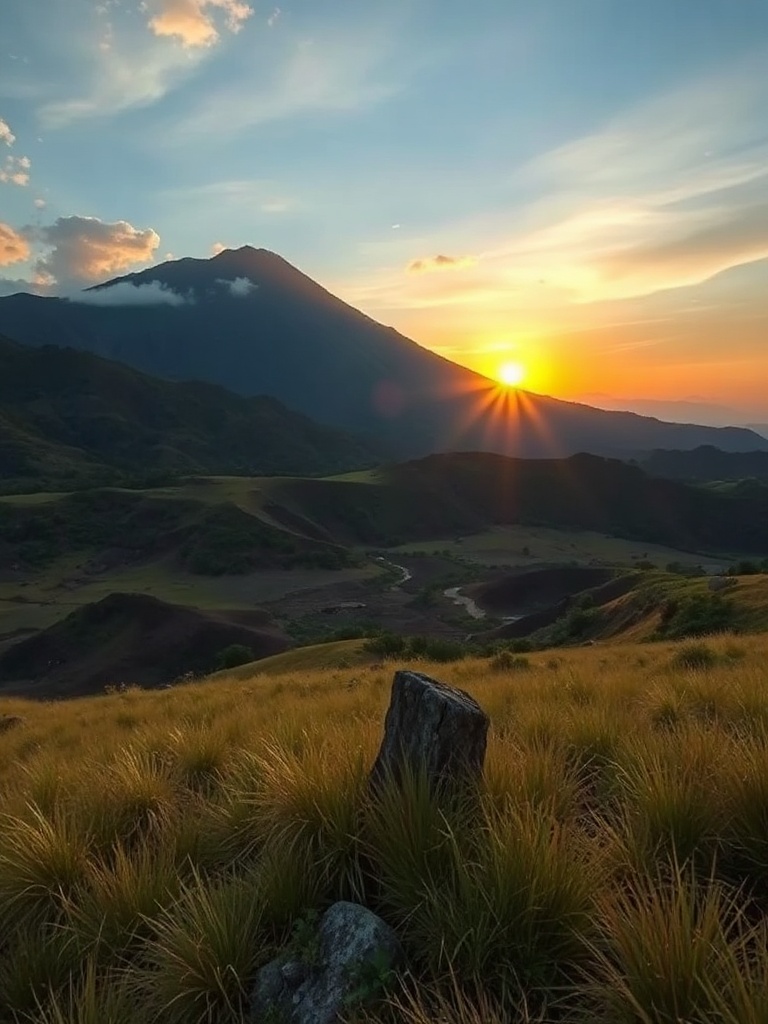 gunung rinjani dilihat dari padang savana, langit dramatis, foto lanskap epik