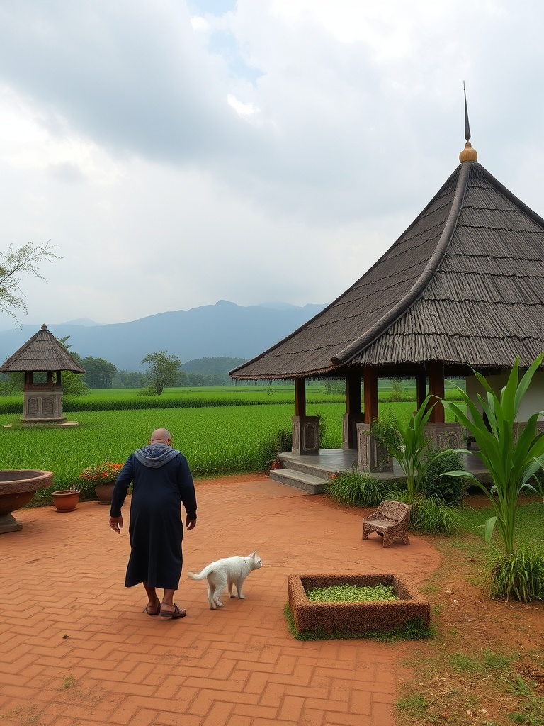 rumah gadang di tengah sawah dengan kabut pagi, gaya lukisan cat air