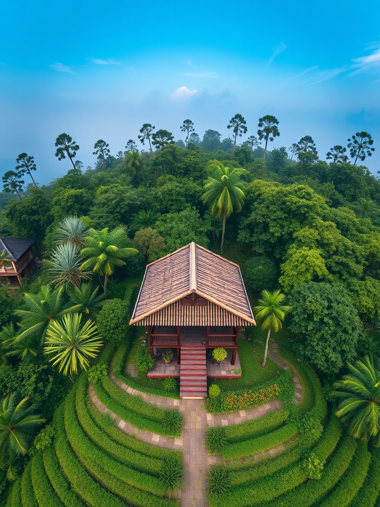 kebun teh puncak diselimuti kabut, jalur berkelok, drone photography