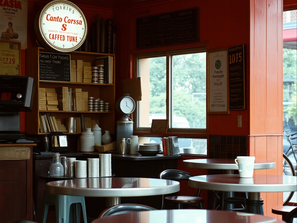warung kopi tua dengan mesin espresso antik, suasana hangat, film 35mm
