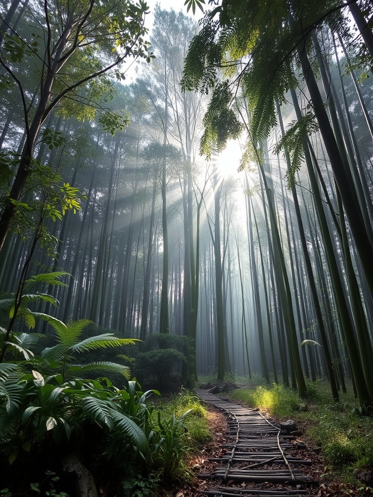 hutan bambu dengan cahaya pagi menembus, jalur batu, suasana zen