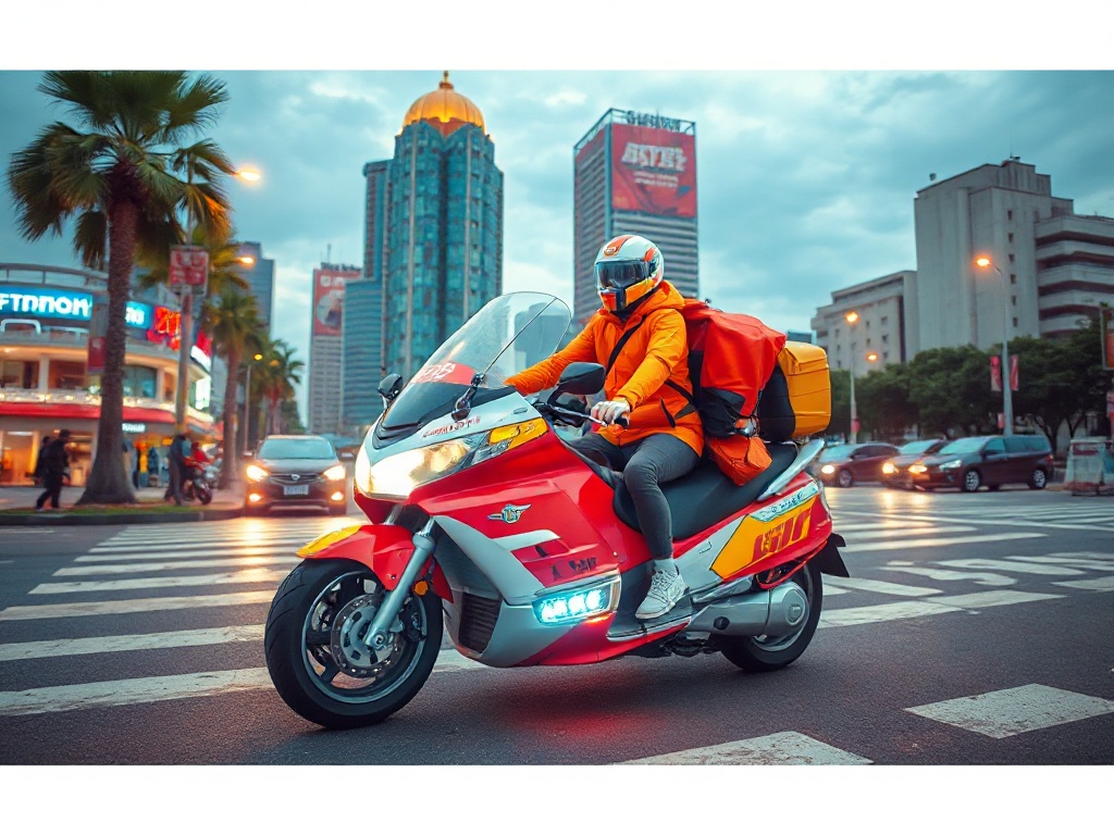becak terbang di atas kota jakarta futuristik, gaya anime 90an, warna cerah