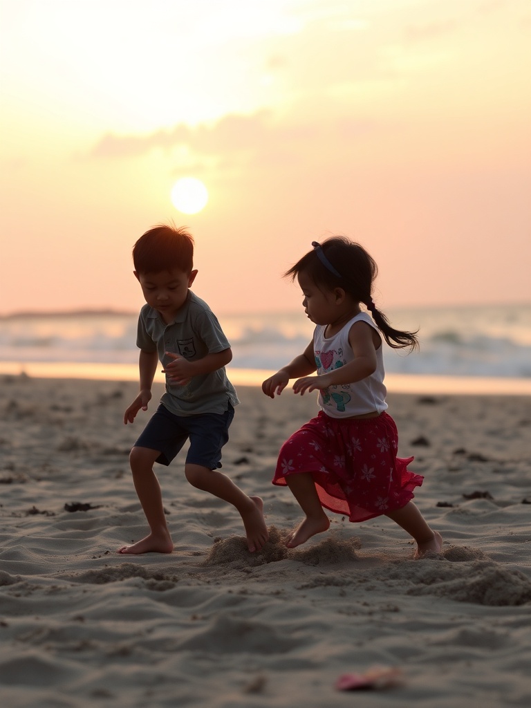 anak-anak bermain layangan di pantai saat golden hour, siluet, foto candid