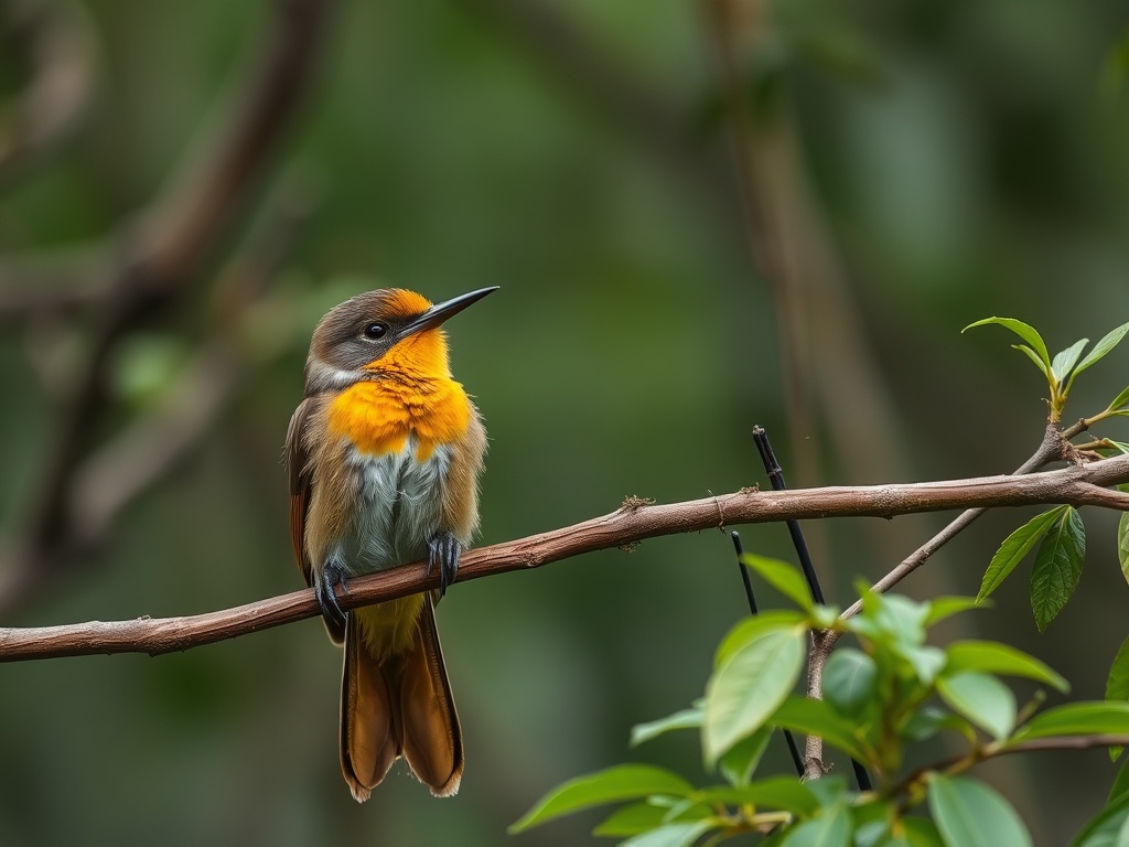 burung cendrawasih di ranting, detail bulu ekor menyala, latar hutan gelap