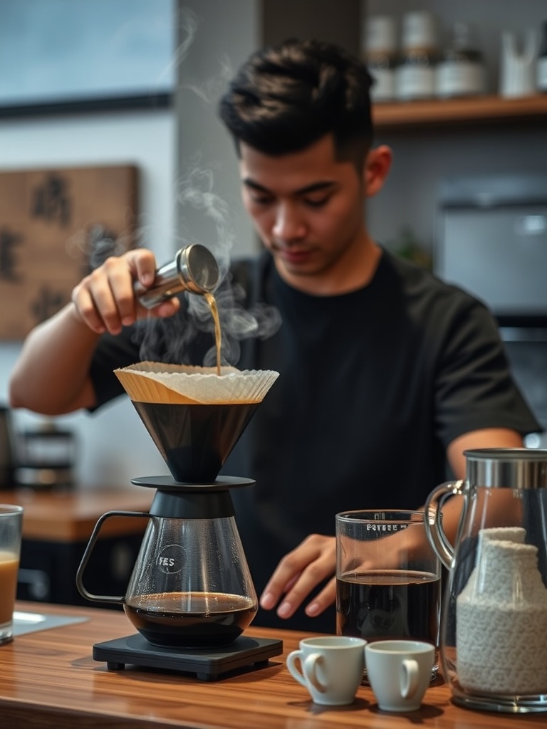 barista menuang v60 di kedai kopi minimalis, slow shutter, suasana tenang