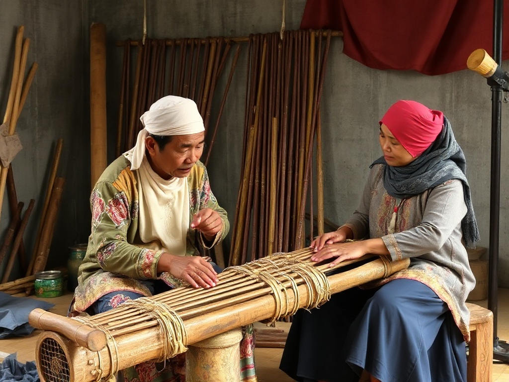 angklung bambu tersusun artistik, cahaya samping dramatis, still life