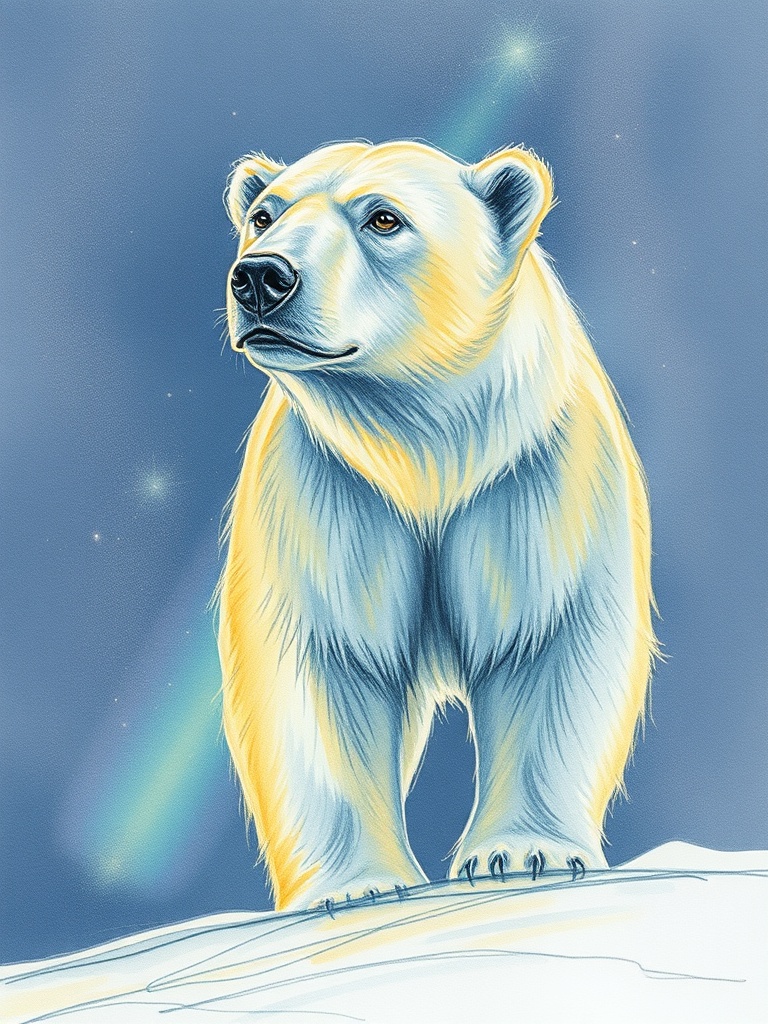 a polar bear made of northern lights, pencil sketch with soft watercolor wash, golden hour light, hi...