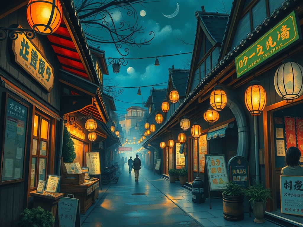 a night market alley, studio ghibli inspired, hand painted, dramatic rim lighting, highly detailed